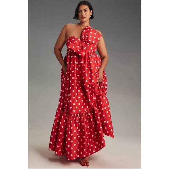 Anthropologie Atsu Sally Bow Polka Dot One Shoulder Midi Dress Red Medium NWT - Picture 12 of 12